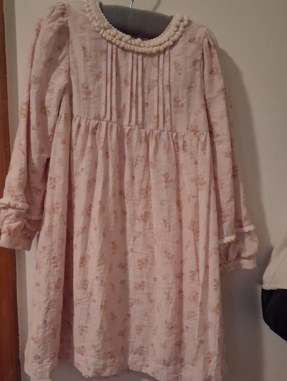 Girls Pink Floral Long-Sleeve Party Dress with Pom Trim